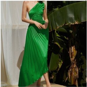 COMMENSE green pleated one shoulder side cut out event cocktail guest dress NWT